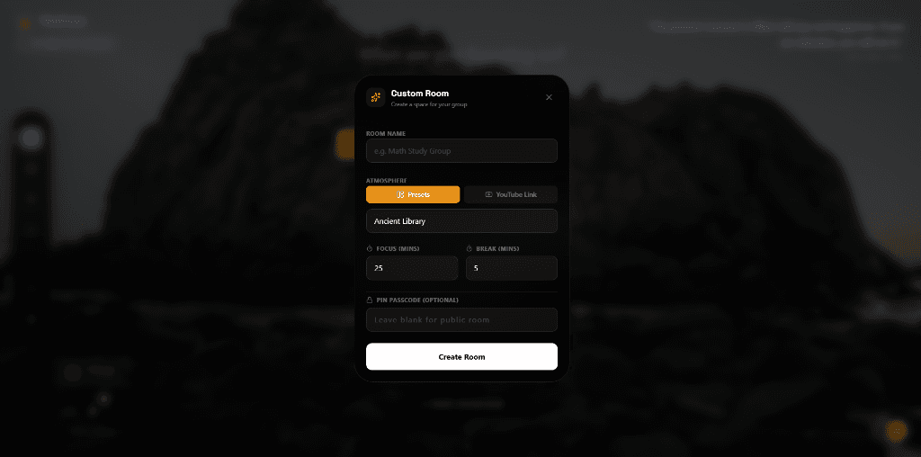 FlowFocus private virtual study room creation modal — set room name, atmosphere preset, Pomodoro focus and break times, and optional PIN passcode