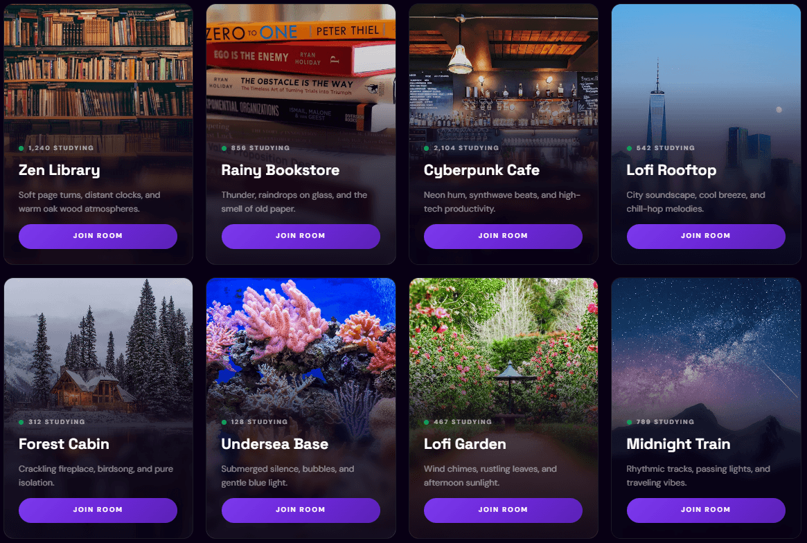 FlowFocus virtual study rooms grid showing themed online coworking spaces — cyberpunk, zen garden, and library rooms with live Pomodoro timers