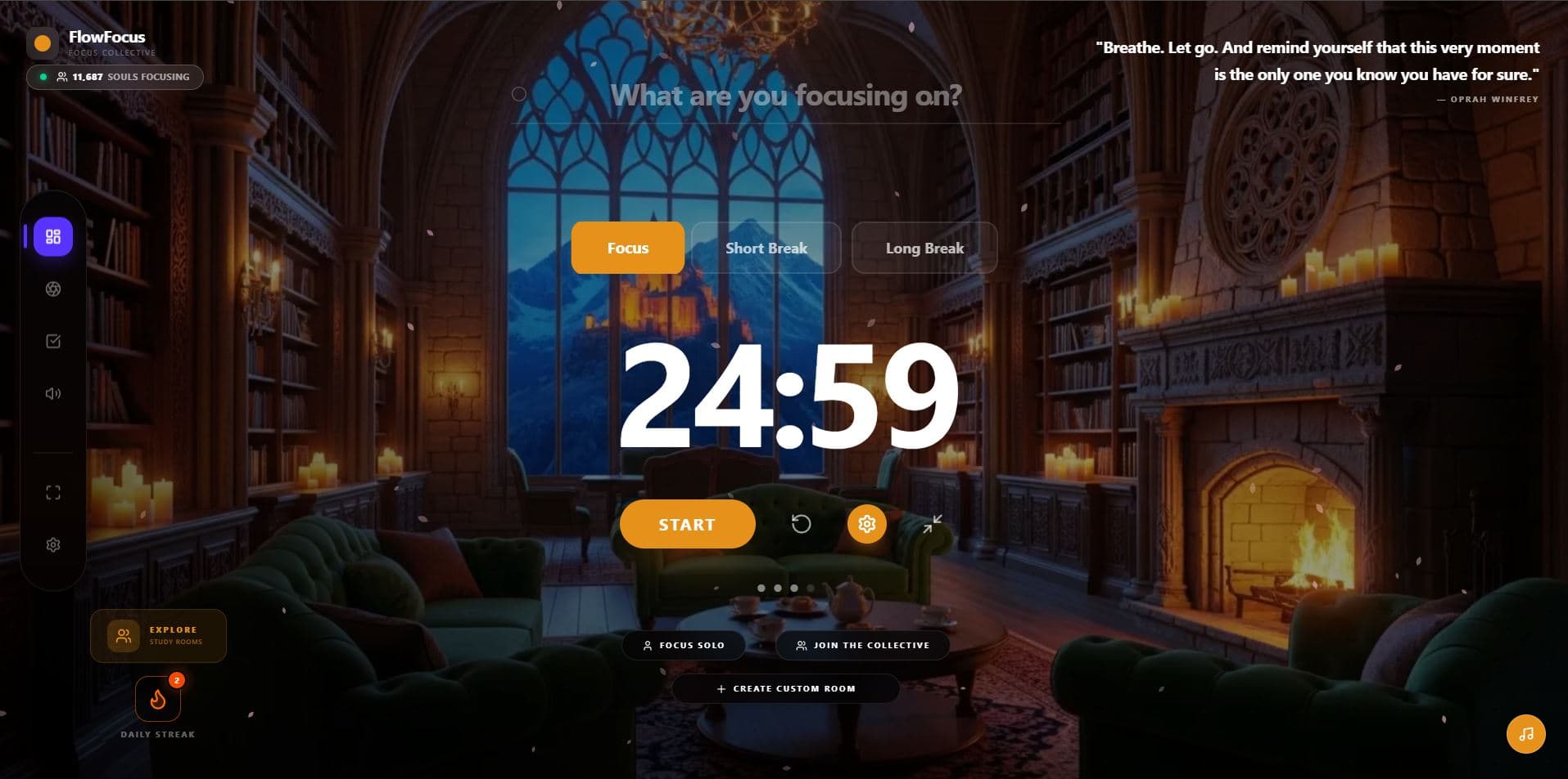 FlowFocus aesthetic Pomodoro timer dashboard with lofi mountain background, focus timer showing 25:00, and task list