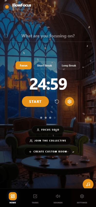 FlowFocus mobile responsive study app interface with Pomodoro timer